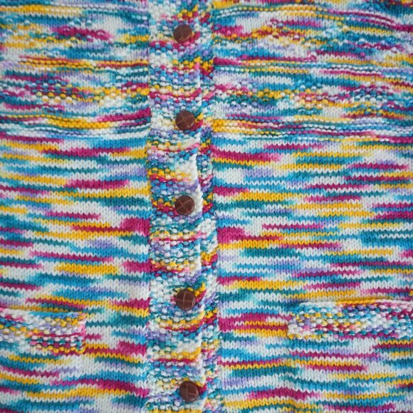 Handknit Multicolor Painterly Stripe Button Front Chunky FolkArt Knit Cardigan M - Picture 6 of 10